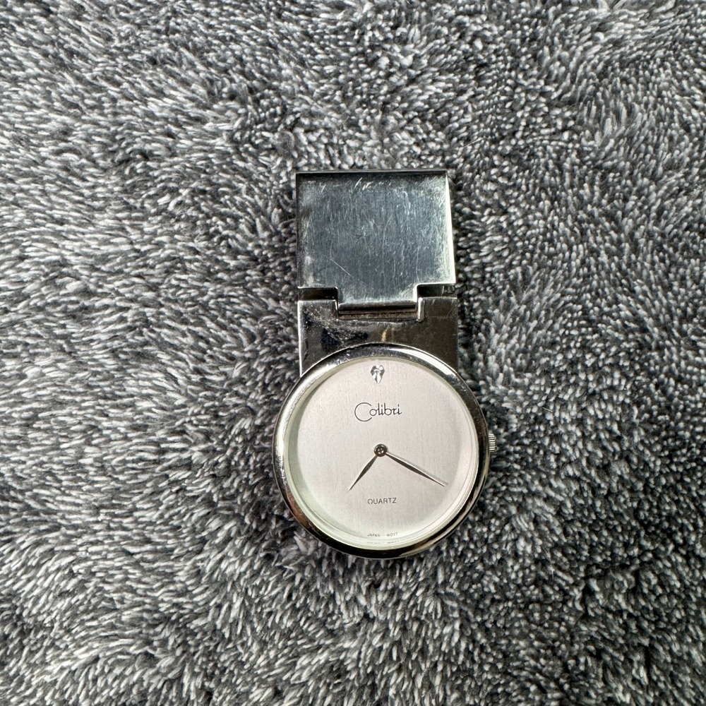 Vintage Colibri Silver Tone Quartz Money Clip Watch Japan Movt White Dial
